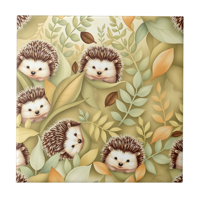 Cute Hedgehog Autumn Leaves Pattern Tile (Front)