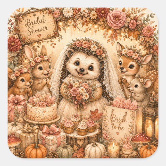 Cute Hedgehog Bridal Shower Bride Square Sticker (Front)