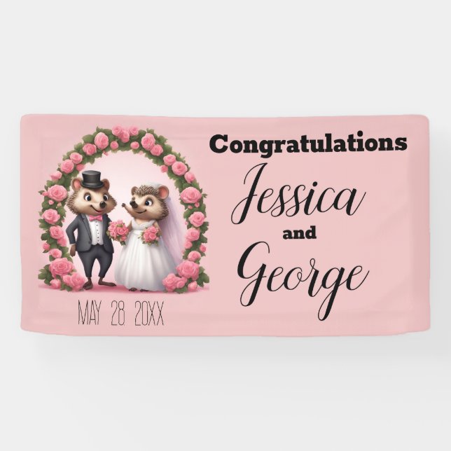 Cute Hedgehog Bride and Groom Wedding Banner (Horizontal)