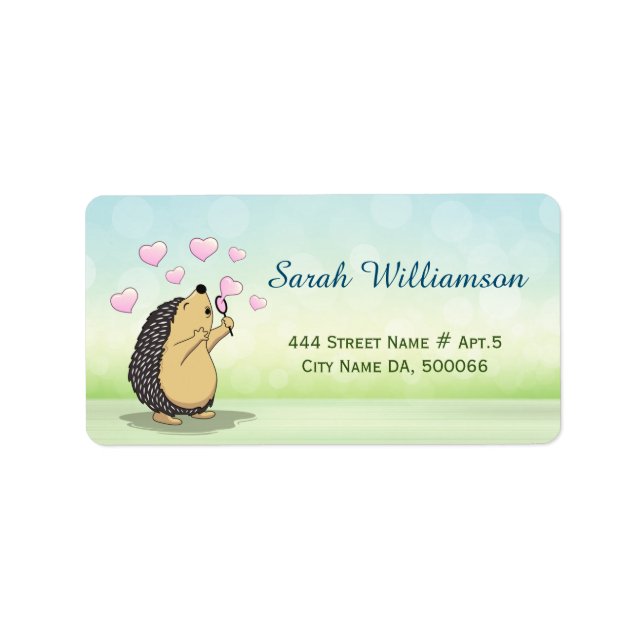 Cute Hedgehog Cartoon Soap Bubble Hearts Label (Front)