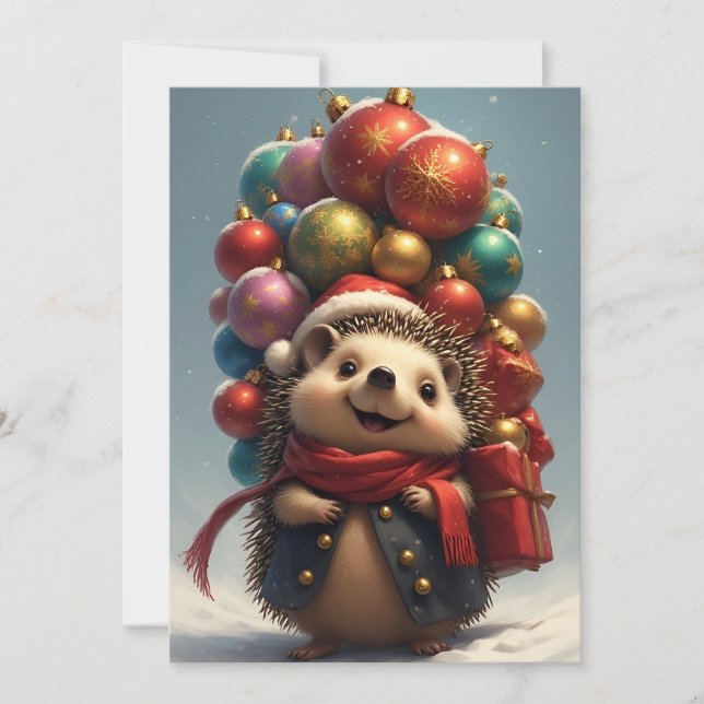 Cute Hedgehog Celebrating Christmas Card (Front)