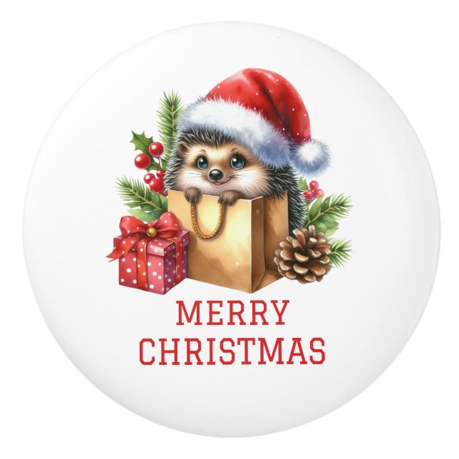 Cute Hedgehog Christmas Ceramic Knob (Front)