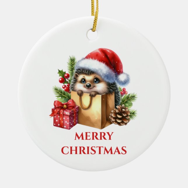 Cute Hedgehog Christmas Ceramic Tree Decoration (Front)