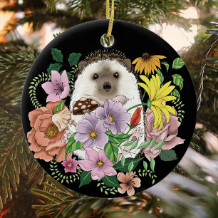 Cute Hedgehog Colourful Wildflowers Woodland Ceramic Tree Decoration