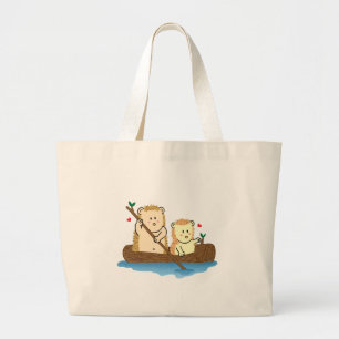 Cute Hedgehog Couple Rowing On Wooden Trunk Boat Large Tote Bag