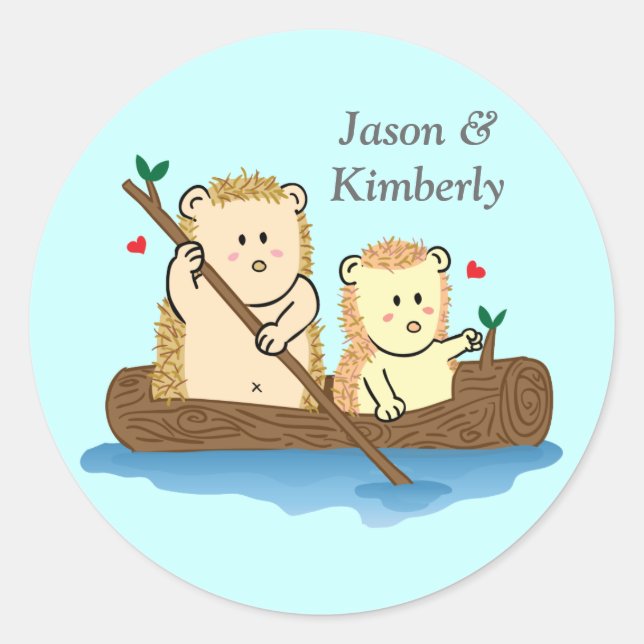 Cute Hedgehog couple sailing on wooden boat Classic Round Sticker (Front)