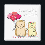 Cute hedgehog couple wedding favour magnet<br><div class="desc">White background magnet with cartoon of cute hedgehog couple holding hands and holding heart shaped balloons with the text "just married". Customisable template to change to the names of the Groom and Bride and the wedding date. Suitable as a wedding party favour for your guests to remember your wedding event....</div>