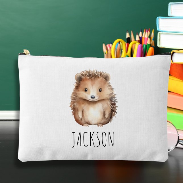 Cute Hedgehog! Custom Pencil Case or  Accessory Pouch (Cute Hedgehog Custom monogram Pencil Case sitting on school desk with pencils and books)