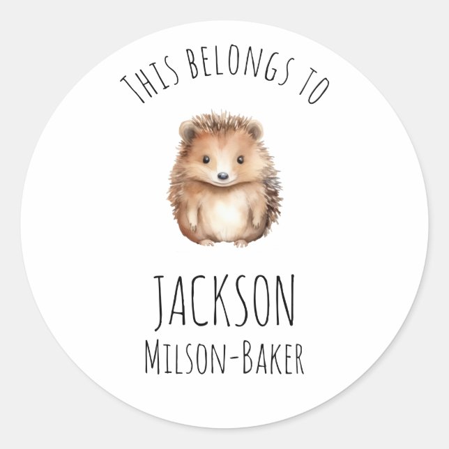 Cute Hedgehog! Custom "this belongs to" Classic Round Sticker (Front)
