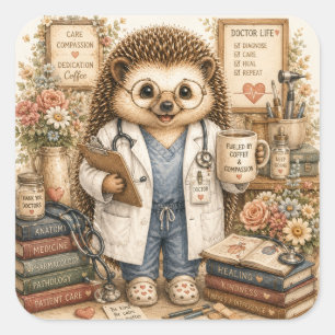 Cute Hedgehog Doctor Watercolor Art Square Sticker