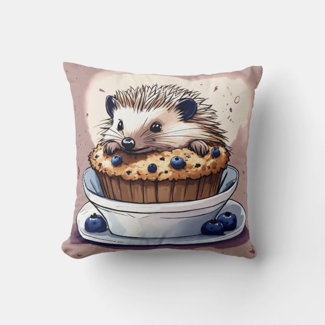 "Cute Hedgehog Enjoying a Blueberry Muffin Pillow  (Front)