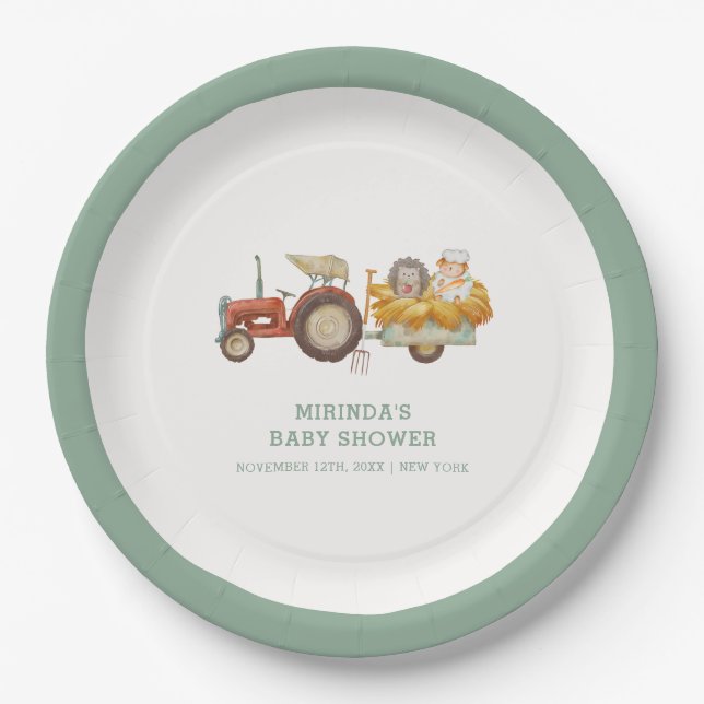 Cute Hedgehog Farm Tractor Baby Shower  Paper Plate (Front)