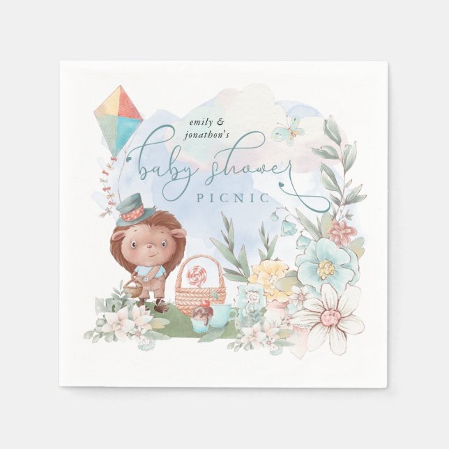 Cute Hedgehog Floral Nature Boy Baby Shower Picnic Napkin (Front)