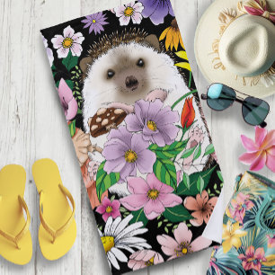 Cute Hedgehog Flowers Beach Towel
