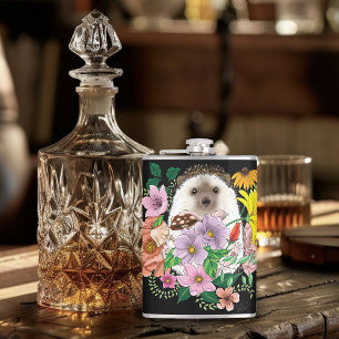 Cute Hedgehog Flowers Hip Flask