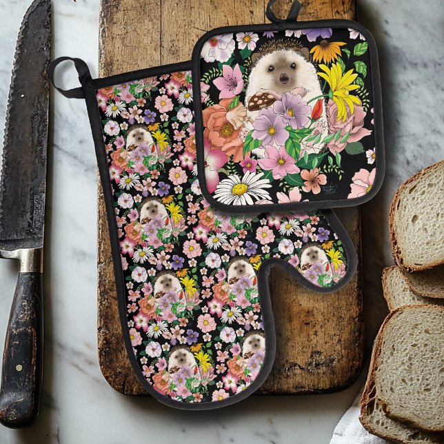 Cute Hedgehog Flowers Oven Mitt & Pot Holder Set (Creator Uploaded)