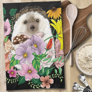 Cute Hedgehog Flowers Tea Towel