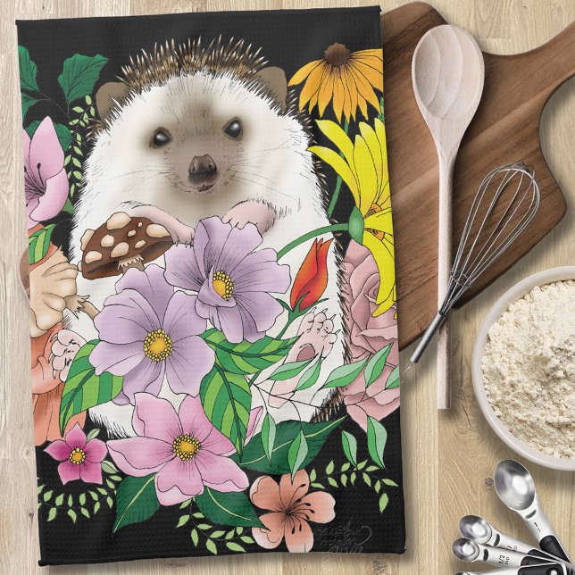 Cute Hedgehog Flowers Tea Towel (Creator Uploaded)