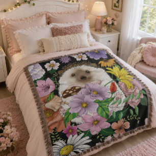Cute Hedgehog Flowers Throw Blanket