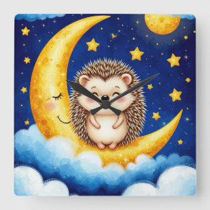 Cute Hedgehog Golden Crescent Moon 🌙  Square Wall Clock