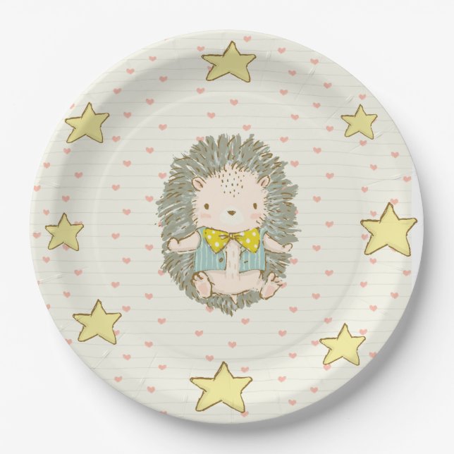 Cute Hedgehog Hearts Stars Baby Shower Paper Plate (Front)