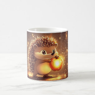 cute hedgehog holding a glowing red apple coffee mug