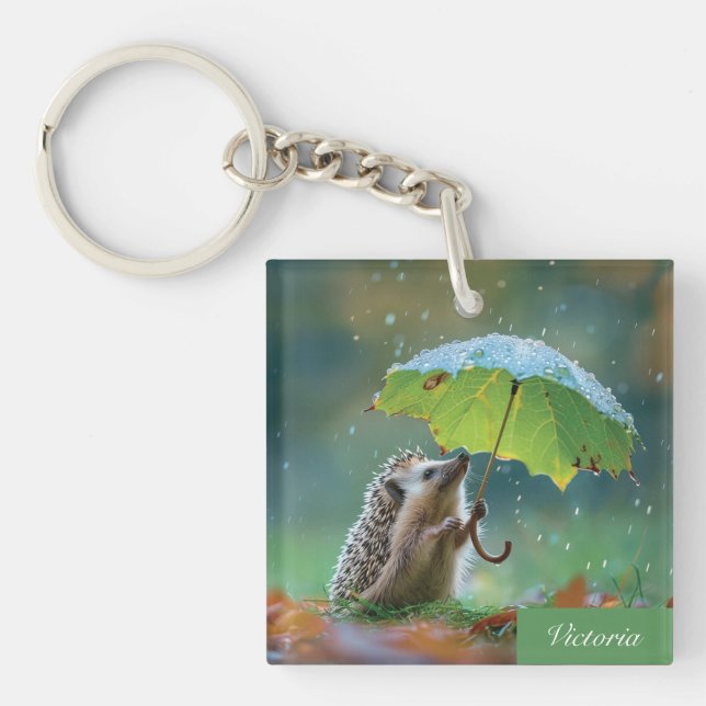 Cute hedgehog holding a leaf umbrella key ring (Front)