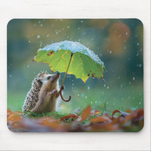 Cute hedgehog holding a leaf umbrella mouse pad