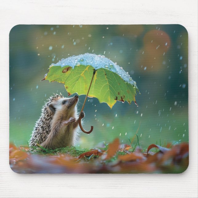 Cute hedgehog holding a leaf umbrella mouse pad (Front)