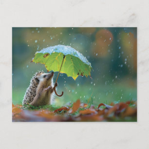 Cute hedgehog holding a leaf umbrella postcard