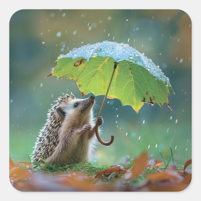Cute hedgehog holding a leaf umbrella square sticker (Front)