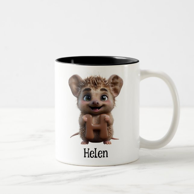Cute Hedgehog Holding Letter H  Two-Tone Coffee Mug (Right)