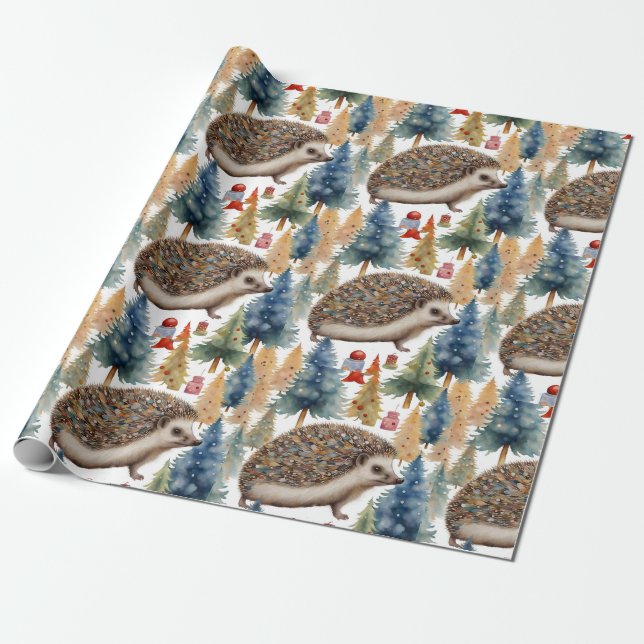 Cute Hedgehog Holiday Trees  Wrapping Paper (Unrolled)
