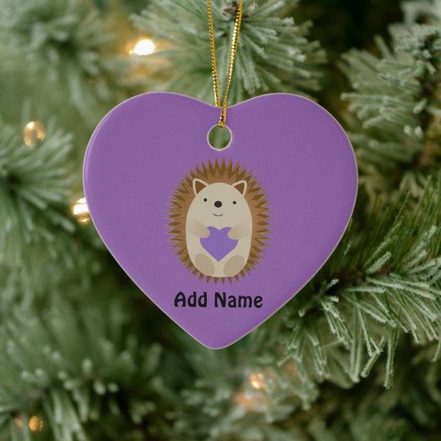 Cute Hedgehog Holidng a Purple Heart Ceramic Tree Decoration (Tree)
