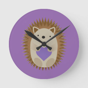 Cute Hedgehog Holidng a Purple Heart Round Clock