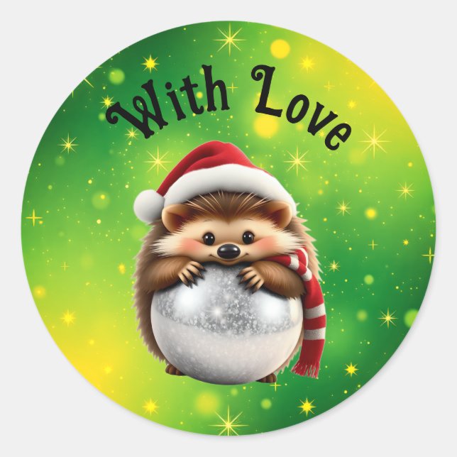 Cute Hedgehog hugging Christmas Ball Round Sticker (Front)