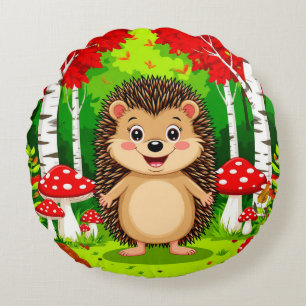 Cute Hedgehog in a Bright Forest Round Cushion