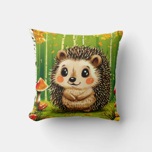 Cute hedgehog in birch forest cushion
