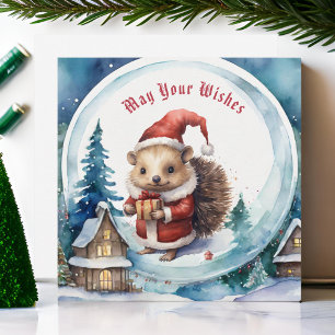 Cute Hedgehog in Santas Hat Snowglobe Christmas Holiday Card