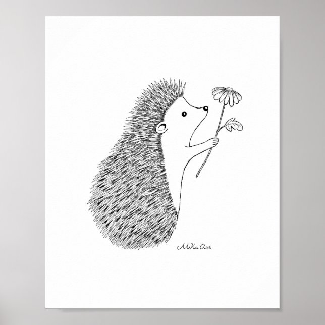 Cute Hedgehog Ink Drawing Poster Woodland Animal (Front)