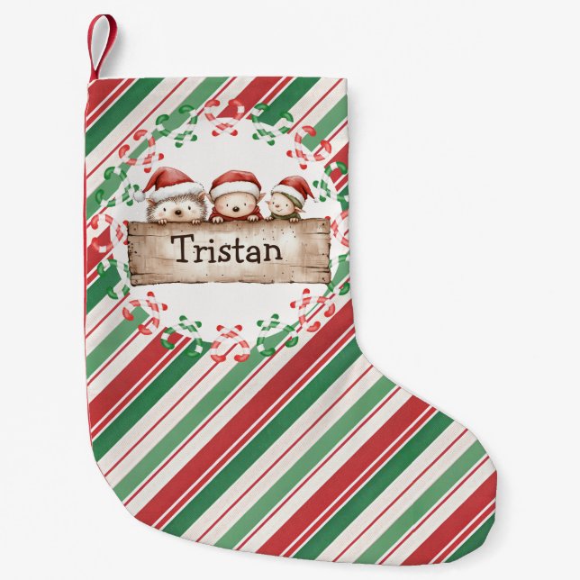 Cute Hedgehog Kids name  Small Christmas Stocking (Front)