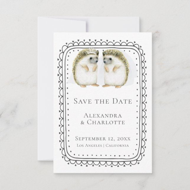Cute Hedgehog Lesbian Couple Wedding Save The Date (Front)