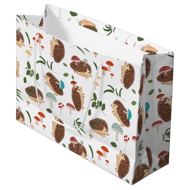 Cute Hedgehog Mushrooms Woodland Forest Animal Large Gift Bag (Front Angled)