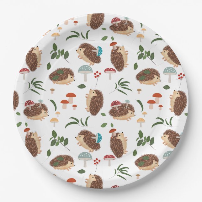 Cute Hedgehog Mushrooms Woodland Forest Animal Paper Plate (Front)