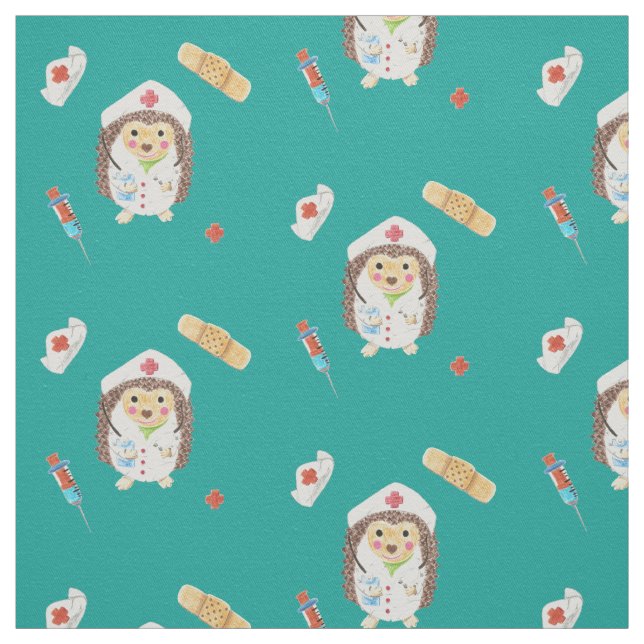 Cute hedgehog nurse | doctor pattern teal fabric (Swatch)