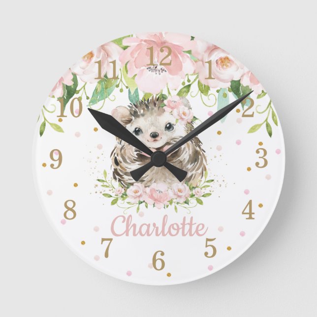 Cute Hedgehog Pink Blush Floral Girl Bedroom Decor Round Clock (Front)