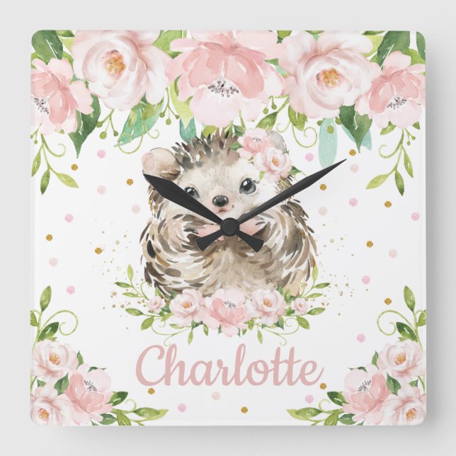 Cute Hedgehog Pink Floral Girl Bedroom Decoration Square Wall Clock (Front)
