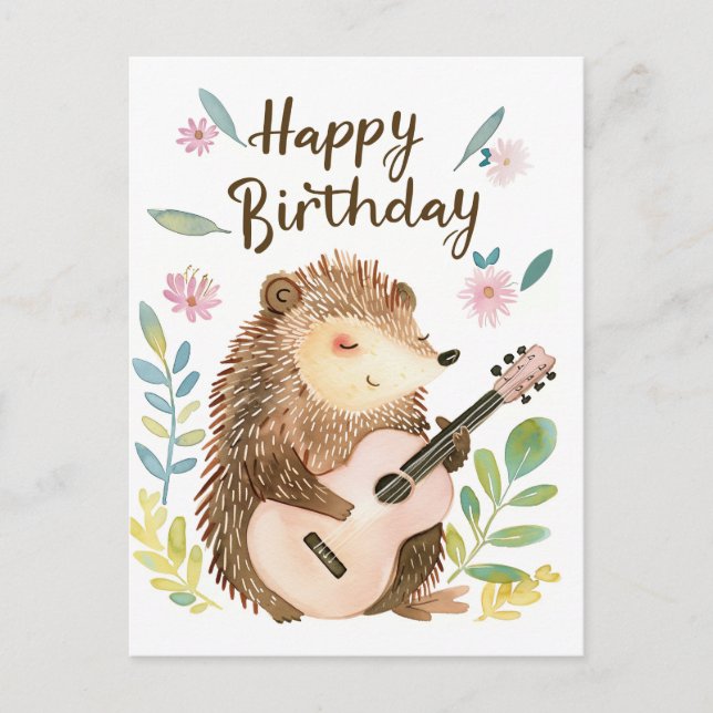 Cute Hedgehog playing Guitar Birthday Postcard (Front)