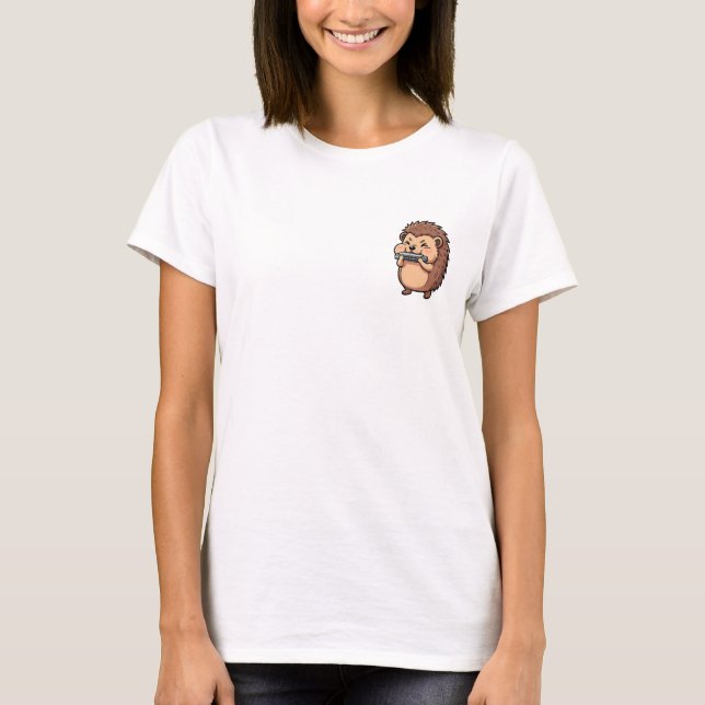 Cute Hedgehog Playing Harmonica Musical Cartoon T-Shirt (Front)