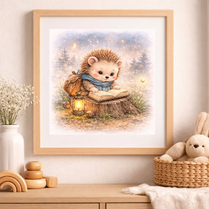 Cute Hedgehog Reading A Book Kids Nursery Poster